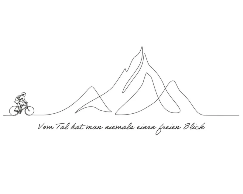 Fahrrafahrer vor der Silhouette eines Bergs gezeichnet als zusammenhängende feine Linie